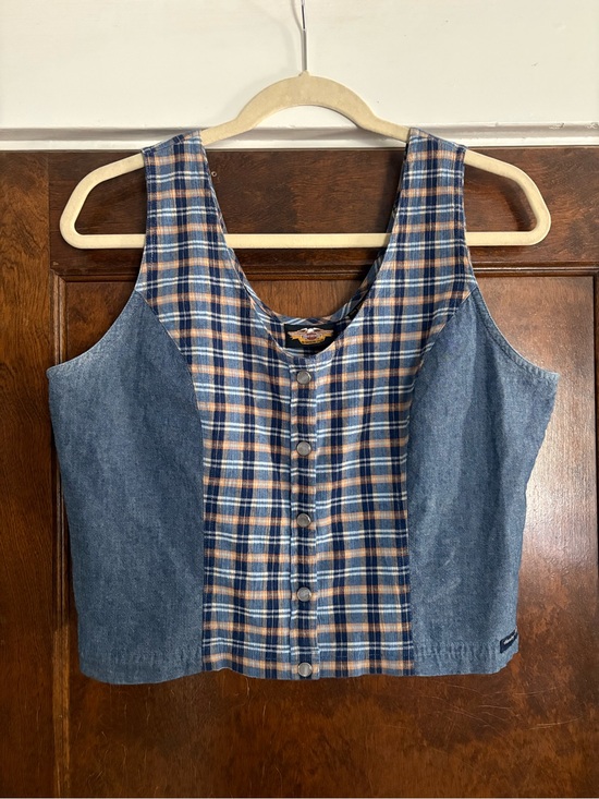 Harley-Davidson Tops - VTG 90s Harley Davidson 100% Cotton Plaid Denim Cropped Vest Top Pearl Snaps L
